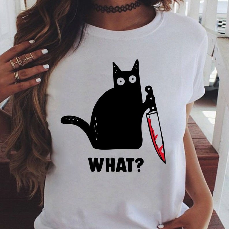 Black cat what funny killer Kitten Halloween Horror Gift T-Shirt